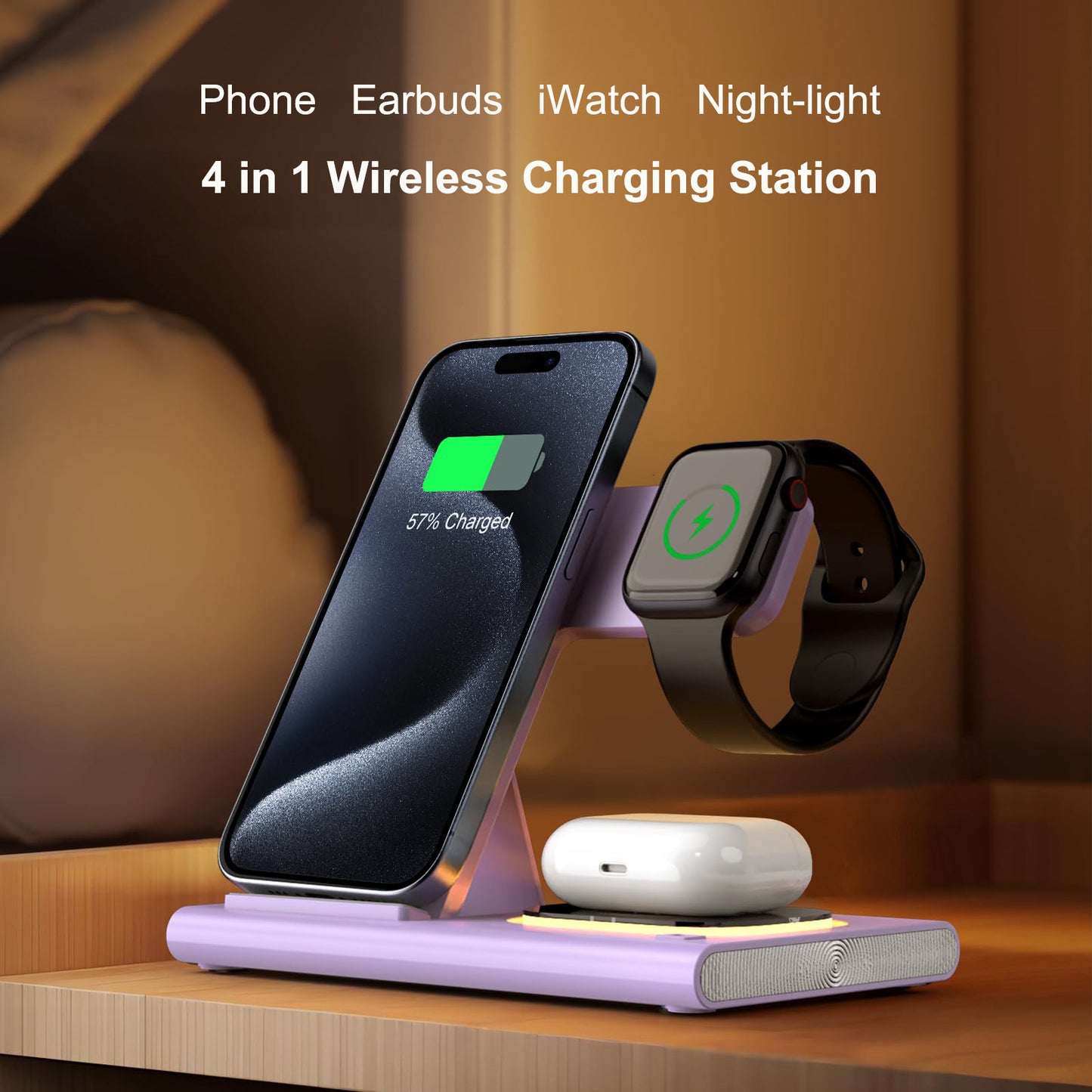 4-in-1, Wireless Charging Station, Foldable, 15W, Night Light, iPhone, AirPods, iWatch.