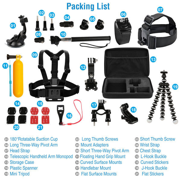 26-in-1 Camera Accessories Kit – Head/Chest/Wrist Strap, Floating Mount, Selfie Stick, Suction Cup, Tripod & Mounting Set for GoPro & Action Cameras