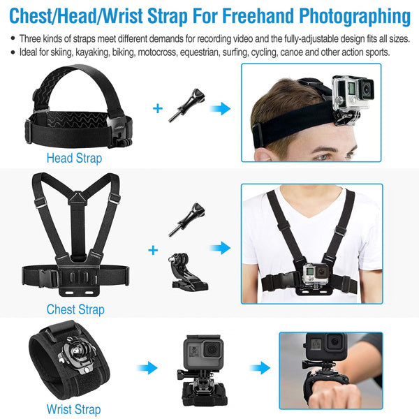 26-in-1 Camera Accessories Kit – Head/Chest/Wrist Strap, Floating Mount, Selfie Stick, Suction Cup, Tripod & Mounting Set for GoPro & Action Cameras
