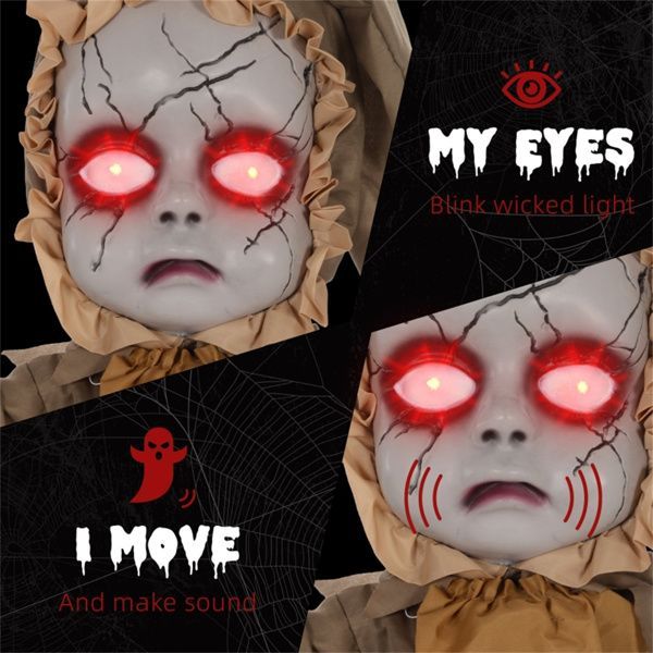 5.2ft Animated Halloween Doll Decoration – Spooky Doll with Glowing Red Eyes, Sound & Motion Activated by Touch or Noise