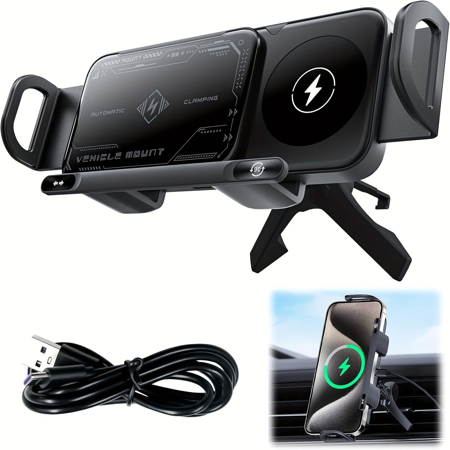 15W Wireless, Car Phone Holder, Magnetic, Fast Charger, Auto Rotation, Auto Clamping.