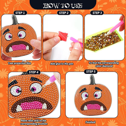 8 Packs Halloween Rhinestone Art Coasters – Multicolor Acrylic Pumpkin Design DIY Coaster Set with Imitation Diamonds