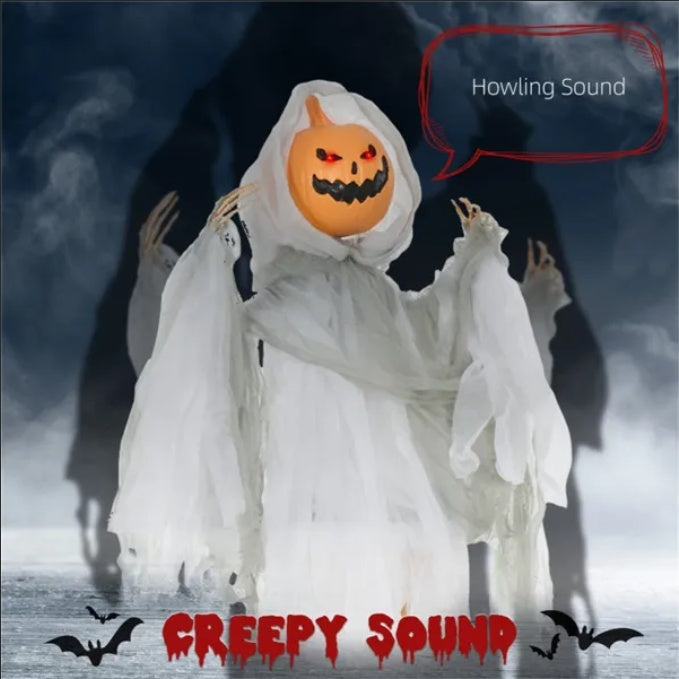 3.9ft Sound-Activated Pumpkin Ghost with Red LED Eyes – Spooky Halloween Decoration with Howling Sounds