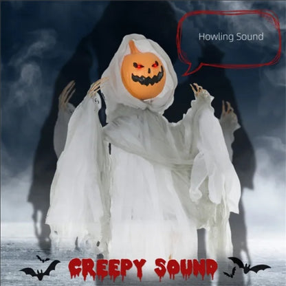 3.9ft Sound-Activated Pumpkin Ghost with Red LED Eyes – Spooky Halloween Decoration with Howling Sounds