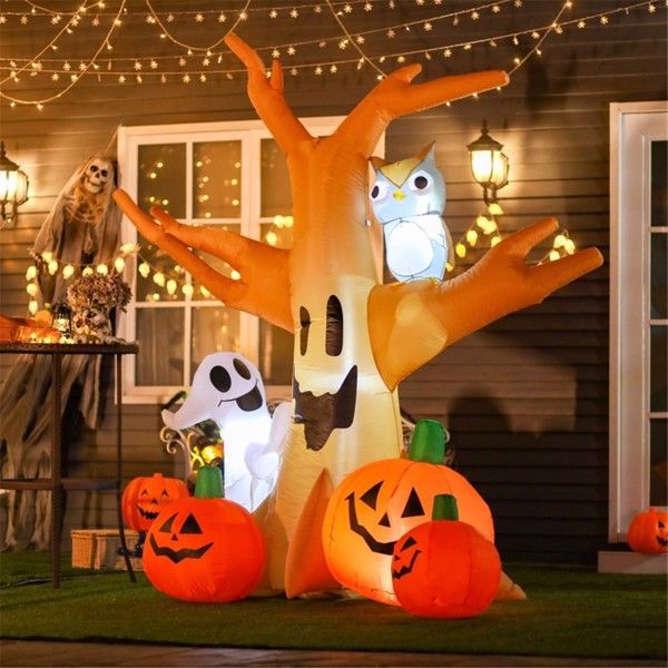 7.5ft Inflatable Haunted Tree with Ghost, Owl & Pumpkin Lanterns – Halloween Yard Decoration with LED Lights