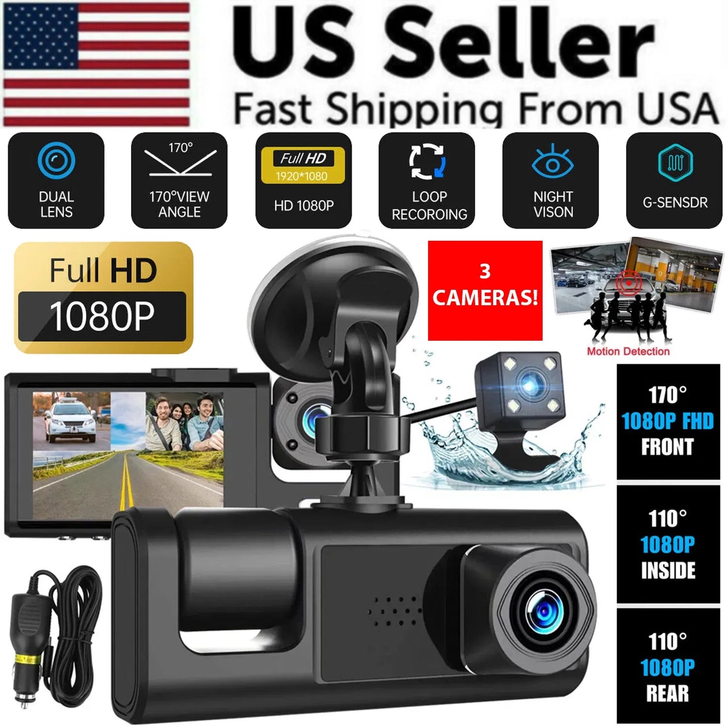 Dual Lens Dash Cam Full HD 1080P | Front & Rear Car Camera with G-Sensor