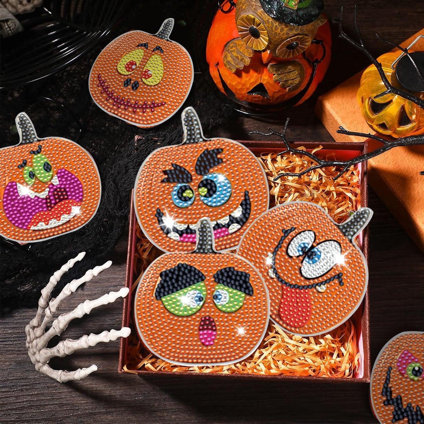 8 Packs Halloween Rhinestone Art Coasters – Multicolor Acrylic Pumpkin Design DIY Coaster Set with Imitation Diamonds