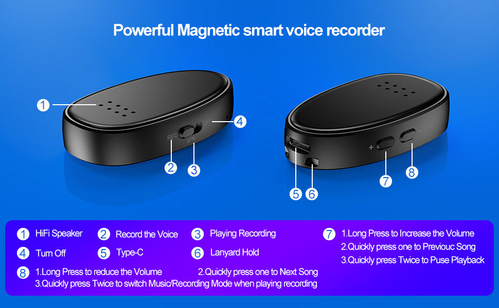 Mini Magnetic Voice Recorder | Built-In Speaker, 22H Recording, USB-C