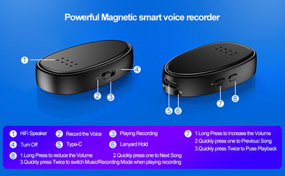 Mini Magnetic Voice Recorder | Built-In Speaker, 22H Recording, USB-C