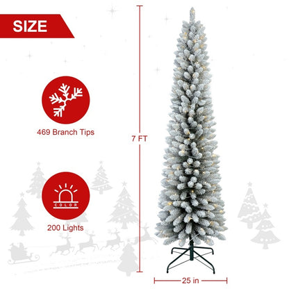 5FT / 6FT / 7FT Pre-Lit Flocked Pencil Christmas Tree – Slim Artificial Xmas Tree with Snow, Warm LED Lights & Metal Stand