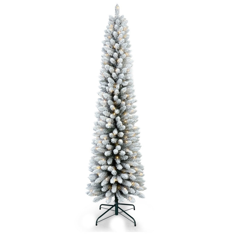 5FT / 6FT / 7FT Pre-Lit Flocked Pencil Christmas Tree – Slim Artificial Xmas Tree with Snow, Warm LED Lights & Metal Stand