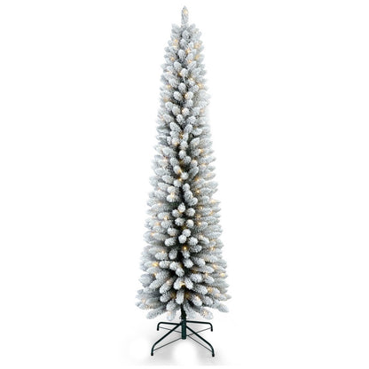 5FT / 6FT / 7FT Pre-Lit Flocked Pencil Christmas Tree – Slim Artificial Xmas Tree with Snow, Warm LED Lights & Metal Stand