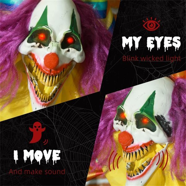Hanging Clown with LED Eyes, Sound & Motion Activated - Halloween Decoration