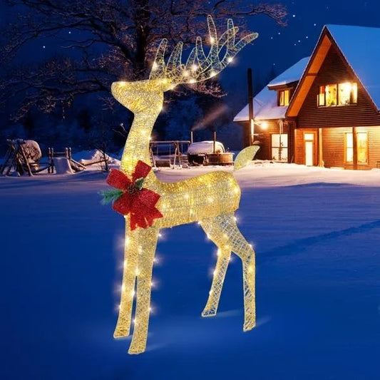 Christmas Reindeer Decoration with Pine Bow & Glitter Finish – Outdoor Holiday Yard Ornament