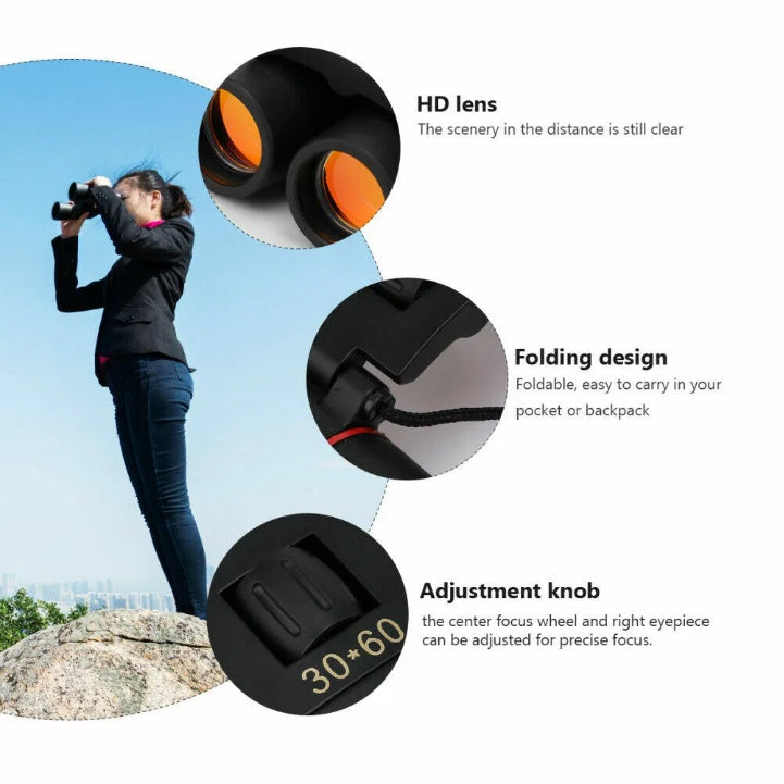 30x60, Compact, Binoculars, Folding, Zoom, Day & Night, Outdoor Travel.