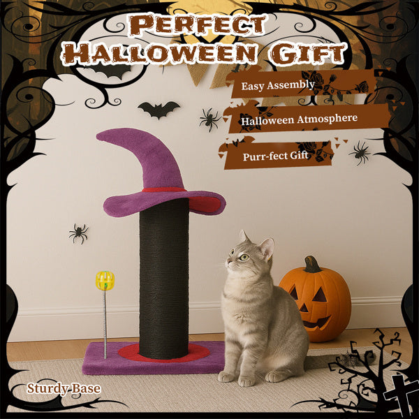 Halloween Wizard Hat Cat Scratching Post with Spring Ball Toy – Spooky Purple Cat Scratcher for Indoor Cats