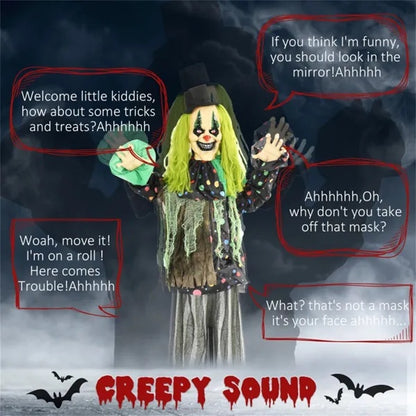 6.1ft Sound-Activated Circus Clown with Red LED Eyes – Spooky Halloween Animatronic Decoration with Vibration & Laughter