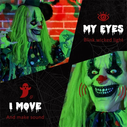 6.1ft Sound-Activated Circus Clown with Red LED Eyes – Spooky Halloween Animatronic Decoration with Vibration & Laughter