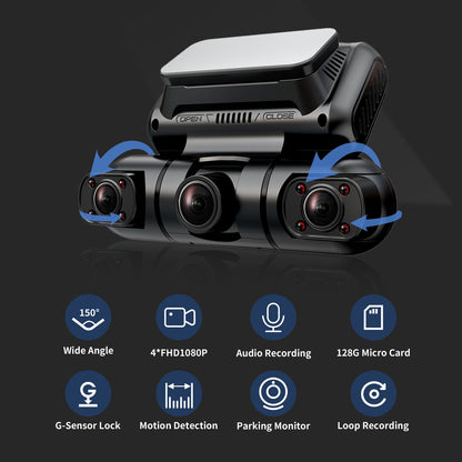 Hainatech 360° 4-Channel Dash Cam | Front, Rear, Inside & Side Views | GPS, WiFi, Night Vision, 24/7 Parking Mode + 128GB Card