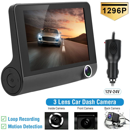 1296P, Car DVR, Dash Camera, 3-Lens, Driving Recorder.