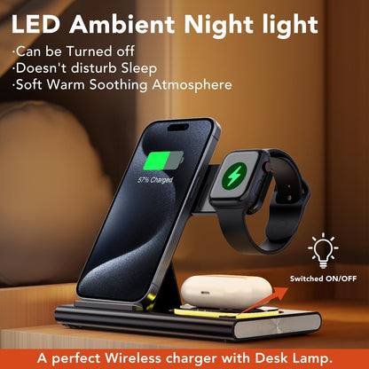 4-in-1, Wireless Charging Station, Foldable, 15W, Night Light, iPhone, AirPods, iWatch.