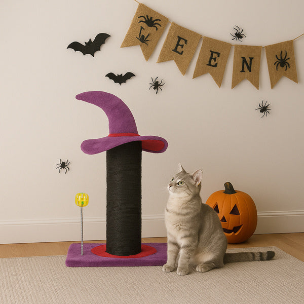 Halloween Wizard Hat Cat Scratching Post with Spring Ball Toy – Spooky Purple Cat Scratcher for Indoor Cats