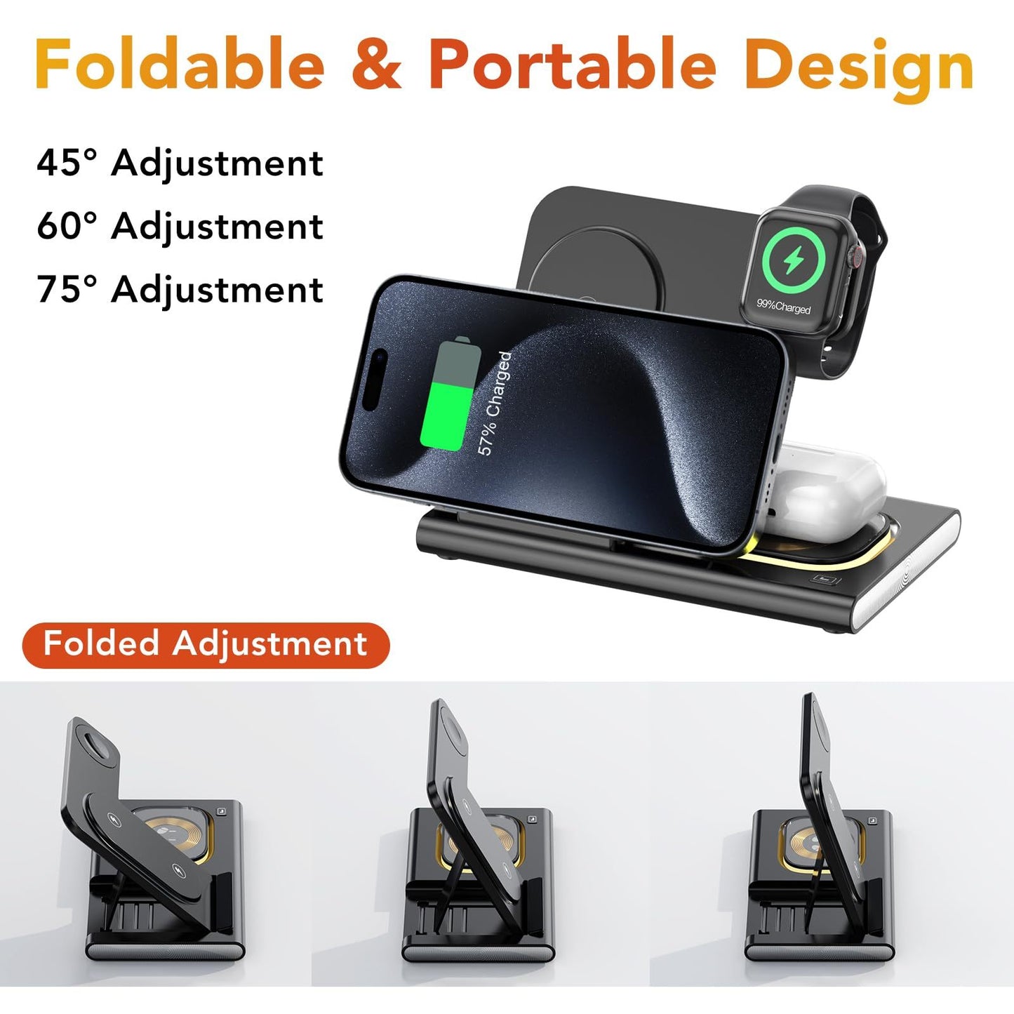 4-in-1, Wireless Charging Station, Foldable, 15W, Night Light, iPhone, AirPods, iWatch.