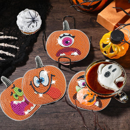 8 Packs Halloween Rhinestone Art Coasters – Multicolor Acrylic Pumpkin Design DIY Coaster Set with Imitation Diamonds