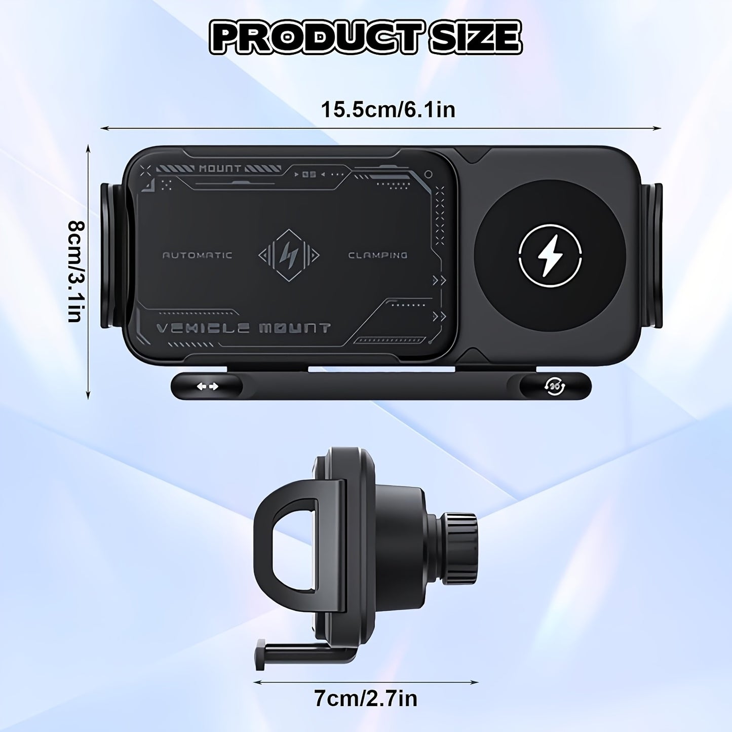 15W Wireless, Car Phone Holder, Magnetic, Fast Charger, Auto Rotation, Auto Clamping.