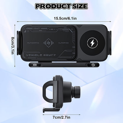 15W Wireless, Car Phone Holder, Magnetic, Fast Charger, Auto Rotation, Auto Clamping.