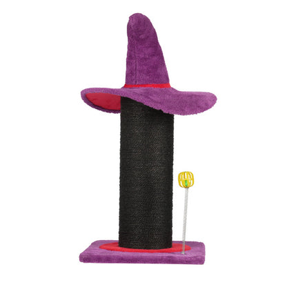 Halloween Wizard Hat Cat Scratching Post with Spring Ball Toy – Spooky Purple Cat Scratcher for Indoor Cats