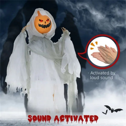3.9ft Sound-Activated Pumpkin Ghost with Red LED Eyes – Spooky Halloween Decoration with Howling Sounds