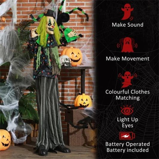 6.1ft Sound-Activated Circus Clown with Red LED Eyes – Spooky Halloween Animatronic Decoration with Vibration & Laughter