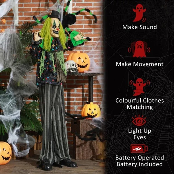 6.1ft Sound-Activated Circus Clown with Red LED Eyes – Spooky Halloween Animatronic Decoration with Vibration & Laughter