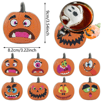 8 Packs Halloween Rhinestone Art Coasters – Multicolor Acrylic Pumpkin Design DIY Coaster Set with Imitation Diamonds