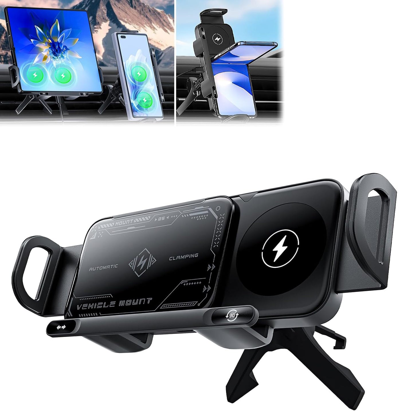 15W Wireless, Car Phone Holder, Magnetic, Fast Charger, Auto Rotation, Auto Clamping.
