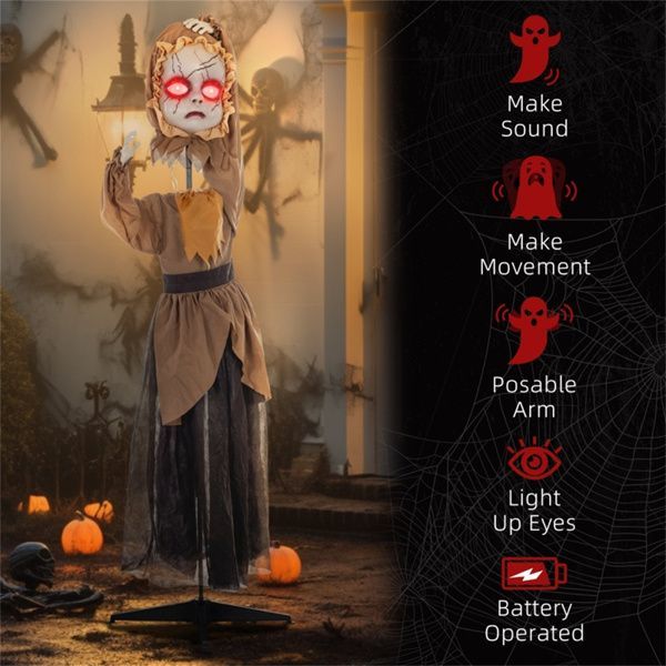 5.2ft Animated Halloween Doll Decoration – Spooky Doll with Glowing Red Eyes, Sound & Motion Activated by Touch or Noise