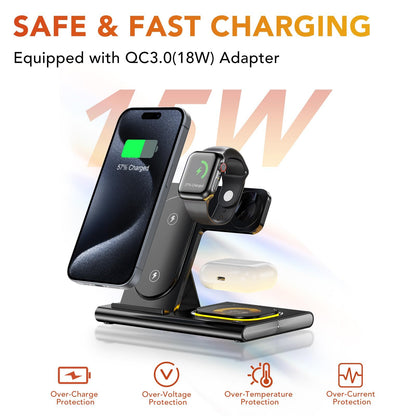 4-in-1, Wireless Charging Station, Foldable, 15W, Night Light, iPhone, AirPods, iWatch.
