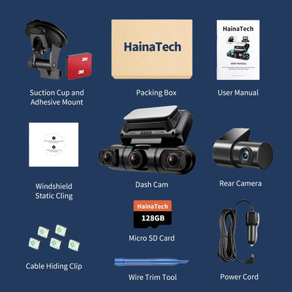 Hainatech 360° 4-Channel Dash Cam | Front, Rear, Inside & Side Views | GPS, WiFi, Night Vision, 24/7 Parking Mode + 128GB Card