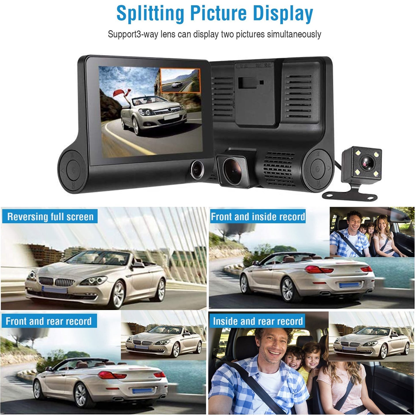 1296P, Car DVR, Dash Camera, 3-Lens, Driving Recorder.