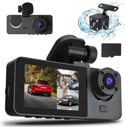 3-Channel Dash Cam 1080P | Front, Rear & Inside Car Camera with 32GB Card | 24H Parking Mode, Loop Recording & Night Vision