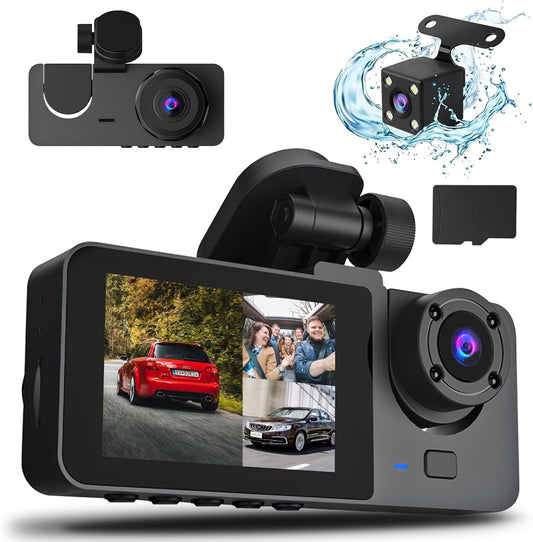 3-Channel Dash Cam 1080P | Front, Rear & Inside Car Camera with 32GB Card | 24H Parking Mode, Loop Recording & Night Vision